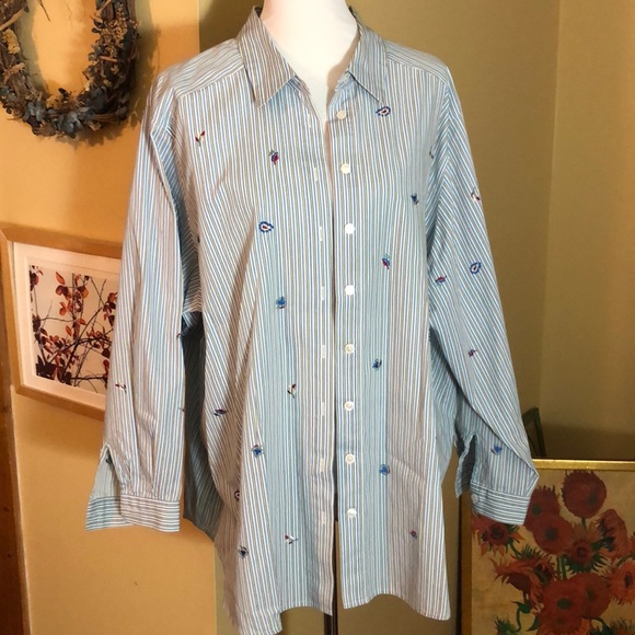 KORET StephanieIISize 2X  Striped Embroidered ButtonDown NoWrinkle Preppy Career - Picture 3 of 16